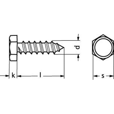 Teknisk tegning af el galvaniseret pladeskrue 6,3x16 DIN 7976 med 6-kant hoved, viser dimensioner som k, l, d og s.