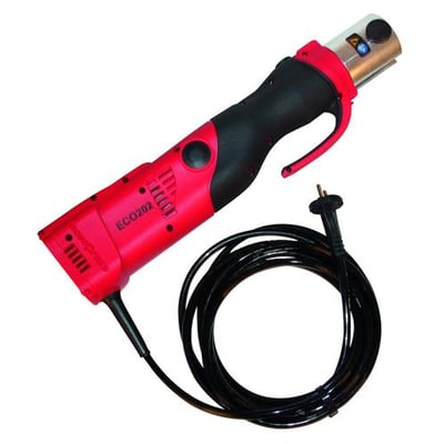 Wavin Tigris presmaskine ECO 202 til 230 V med rød og sort krop, metalhoved og oprullet ledning.