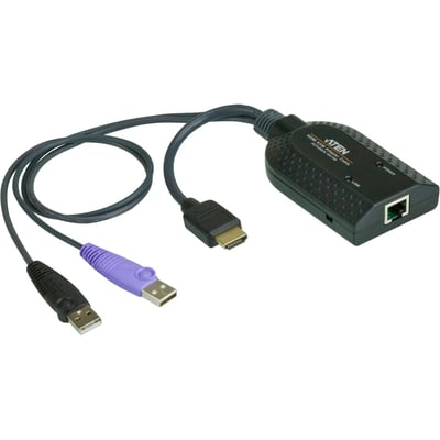 Sort Aten Altusen KA7168 KVM-modul med tilsluttede kabler, HDMI- og USB-stik samt RJ45-port.