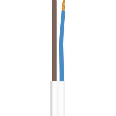 Hvid flad lampeledning på 2 x 0,75 mm² med brun og blå leder synlig ved den afisolerede ende.