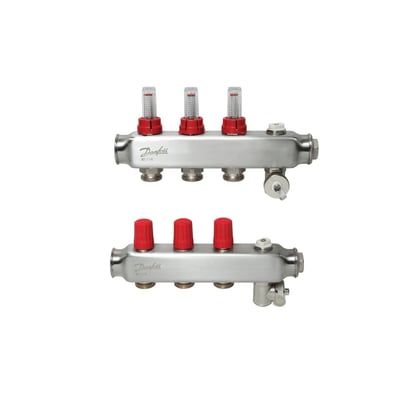 Danfoss SSM manifoldsæt i rustfrit stål med 3+3 udgange, viser flowmetre og udluftnings-/aftapningsfunktion på begge enheder.