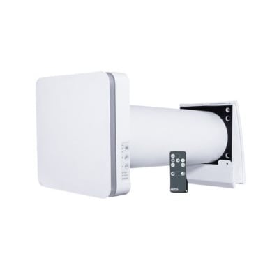 Duka One S6B, et-rums varmegenvindingsanlæg i hvid med fjernbetjening og 160 mm rør, designet til vægmontering.