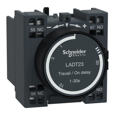 Schneider Electric tidsblok LAD T23 med 1NO-1NC kontakter og justerbar indkoblingstid fra 1-30 sekunder.