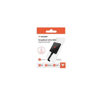 Emballagen til Verbatim SnapBack Ultra Slim ekstern SSD viser den sorte 1 TB-model monteret på en telefon.