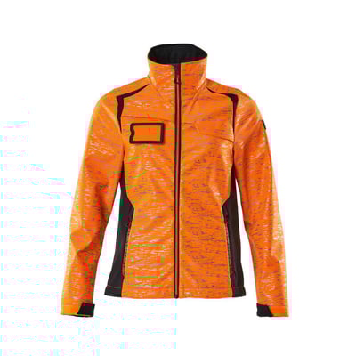 Mascot softshell jakke 19212 i Hi-Vis orange/mørk marine, str XS, med høj krave og reflekseffekter.