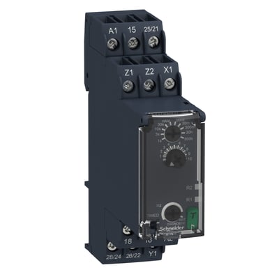 Schneider Electric Zelio RE22 multifunktionel timer med 2 CO kontakter og 24-240V AC/DC forsyning, vist med tydelig frontskala og knapper.