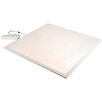 Hide-a-lite Sky LED-panel 30W med mikroprismatisk afskærmning og hvid ramme, vist med tilhørende driver og kabel.