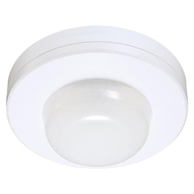 Hvid ELP 05N-bevægelsessensor med 360° registrering, vist forfra med rund kuppel og central sensor.