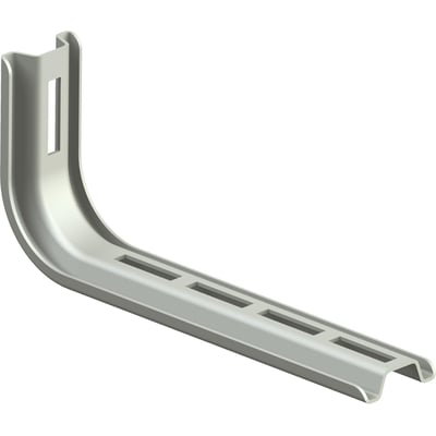 Legrand konsol CS 300-G til gitterbakker, lavet af metal med synlige monteringshuller og et buet design.