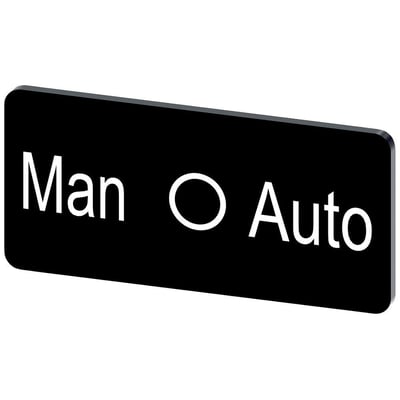 Siemens mærkeplade med sort baggrund og hvid tekst 'Man O Auto', størrelse 12,5x27mm.