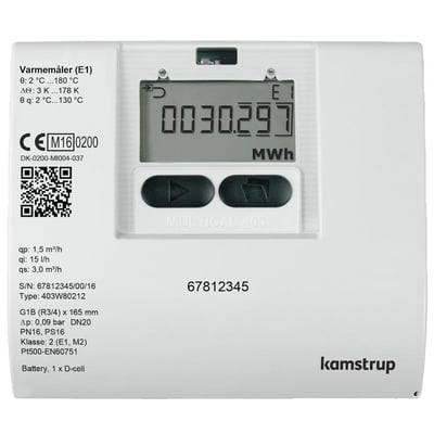 Kamstrup MULTICAL 403 varmemåler til fremløb med 1" tilslutning og 2,5 m³/h flow, vist på hvid baggrund.