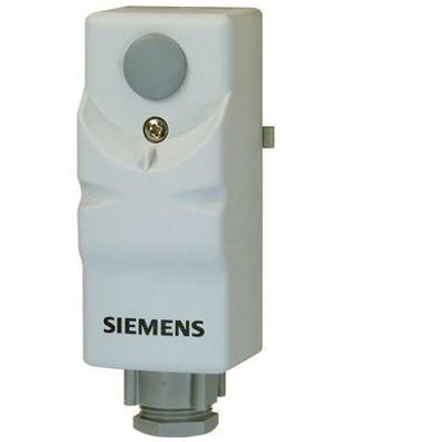 Siemens RAM-TW.2000M drift termostat i hvid plast med grå knap og synligt Siemens logo, 17-90°C.