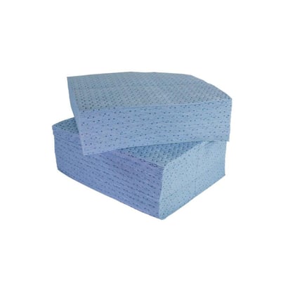 Blå absorberingsark til olie ligger i stabler; hvert ark måler 50 × 40 cm og suger op til 0,8 liter.