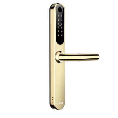 Zafe T-Lock UNIVERSAL smartlås i messing med sort numerisk tastatur og vandret dørgreb, til app-styring.