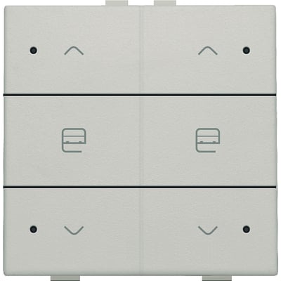 Niko motortryk med dobbelt funktion i lysegrå, med op- og ned-pile samt gardin-symboler og små LED-indikatorer.