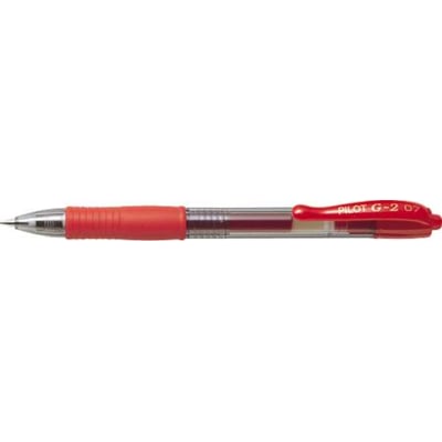 Rød Pilot G-2 gelpen med 0,5mm ekstra fin spids, gummigreb og tydelig synlig blækstand.