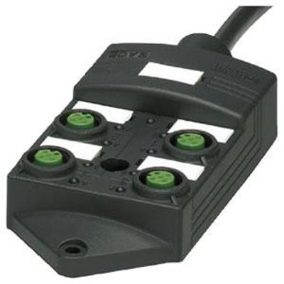 Pepperl+Fuchs V1-4A-E2-5M-PUR samledåse med fire grønne stik og tilhørende kabel, monteret på en hvid baggrund.