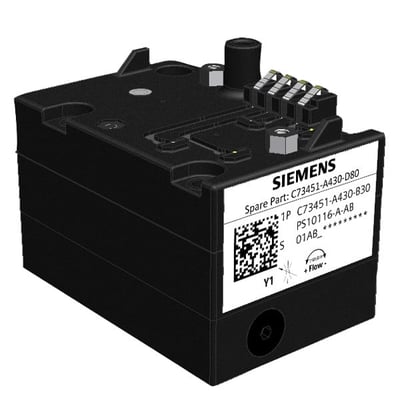 Sort pneumatisk blok til enkeltvirkende ventiler fra Siemens, model C73451-A430-D80, set skråt forfra med tilslutninger øverst.