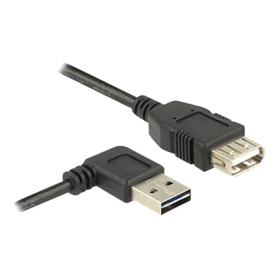 Sort Delock USB 2.0 forlængerkabel på 0,5 meter, med vinklet EASY-USB A hanstik og A hunstik.