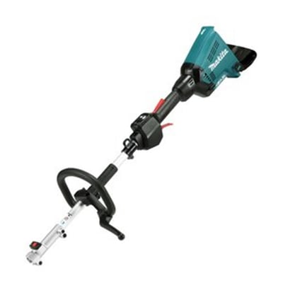 Makita 2x18V DUX60Z motorenhed vist med delbart system og håndtag, isoleret på hvid baggrund.