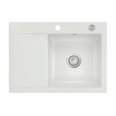 Hvid Mera 70 køkkenvask i keramik med bakke til venstre, monteret til nedfældning. Inkluderer hanehul og afløb.