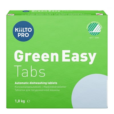 Grøn emballage til Kiilto Pro Green Easy Tabs, maskinopvasketabletter med vandopløselig folie, set let fra siden.