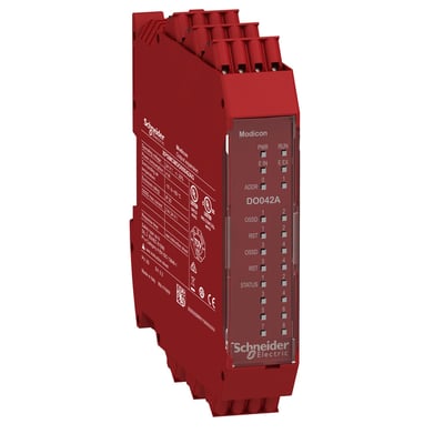 Schneider Electric Modicon XPSMCMC10804 sikkerhedskontroller i rød plast med tydelig mærkning og statusindikatorer.