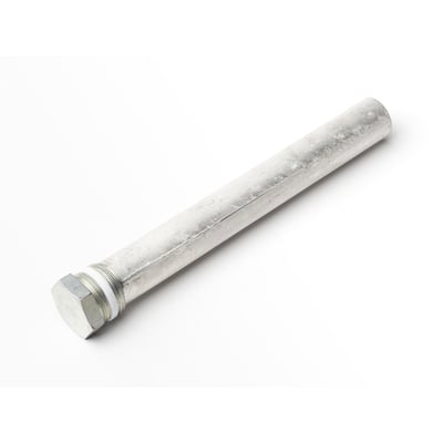 Nærbillede af Bosch Tronic offeranode, viser aluminiumscylinderen med gevind og hvid isolering.