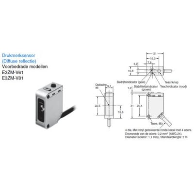 Registreringsmærkesensor E3ZM-V81 med rustfrit stålkabinet og 2 meter kabel, vist med tekniske tegninger.