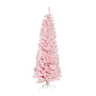 Nordic Winter kunstigt juletræ i pink, 180 cm højt, isoleret på en hvid baggrund med en hvid juletræsfod.