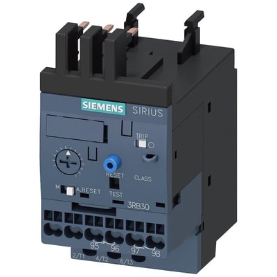 Siemens Sirius elektronisk overbelastningsrelæ 1-4A, S00 klasse 20, med reset-knap og justeringsskive til motorbeskyttelse.