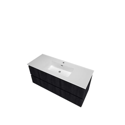 Sanibell Proline møbelsæt 121 cm i kul eg med hvid porcelænsvask og to integrerede softclose skuffer.