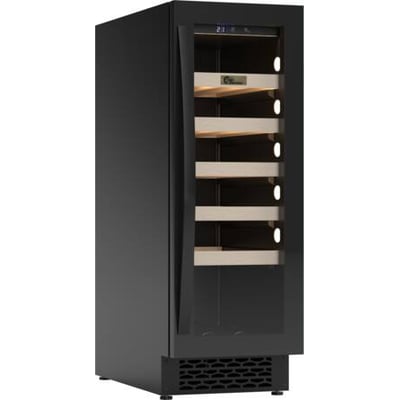Thermex Winemex 20 vinkøler i sort stål med glaslåge, der viser fem hylder og plads til 20 flasker.
