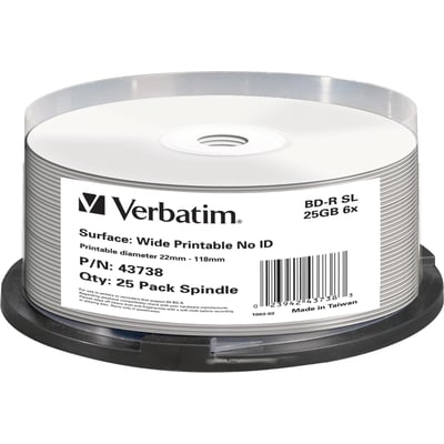 Verbatim BD-R-medier på spindel med hvid, printbar overflade; etiketten viser 25 GB kapacitet og 6x skrivehastighed.