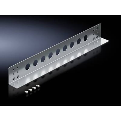 Rittal VX IT glideskinne til tung last, 2 HE, 625 mm, fremstillet af metal med mange monteringshuller og inkluderede skruer på en mørk baggrund.