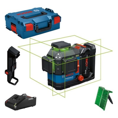 Bosch GLL 18V-120-33 CG Professional akku linjelaser med tilbehør: L-BOXX, loftclips, lasermåltavle og batterilader, vist med grønne laserlinjer.