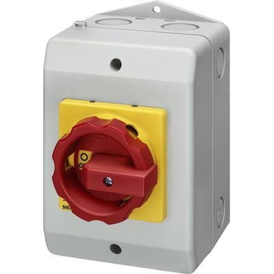 Siemens SENTRON 3LD lastafbryder, 4-polet 16A, med rød/gul drejeknap og grå plastikkapsling.