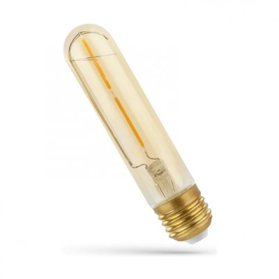 SpectrumLED T30 LED-pære med E27-fatning, gyldent glas og synlig kultråd i retrodesign, set skråt.