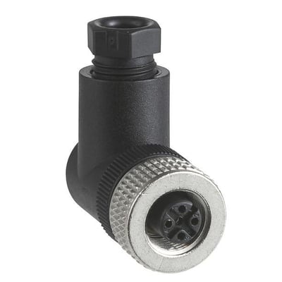 Vinklet 5-polet M12-hunstik fra Telemecanique Sensors, type XZCC12FCM50BJ, med sort hus og sølvfarvet tilslutningsring.