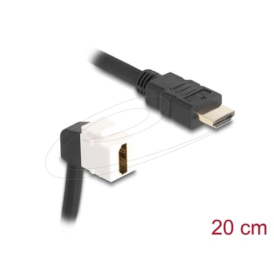 Delock HDMI-keystone-modul med 20 cm sort kabel, vinklet hanstik og hvidt hunstik set skråt forfra.