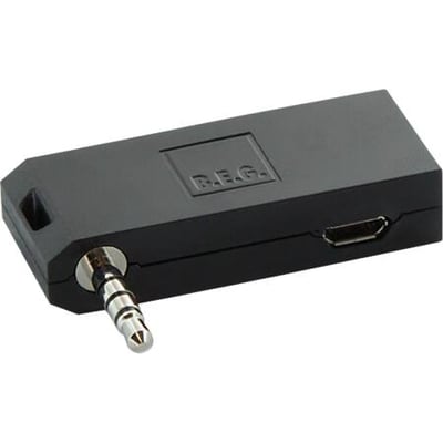 B.E.G. ir-adaptor til smartphones med 3.5mm jackstik og mikro-USB port i sort plast med B.E.G. logo.