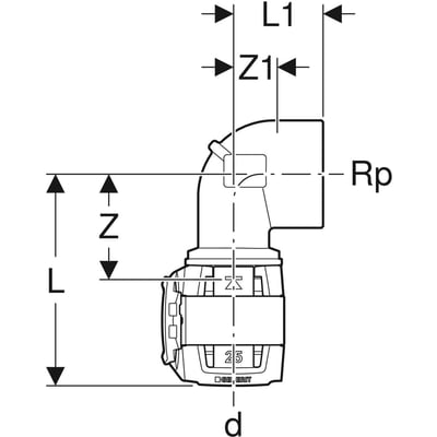 Teknisk tegning af Geberit FlowFit 90° bøjning med 16mm pres-ende og 1/2" indvendigt gevind, viser dimensioner.