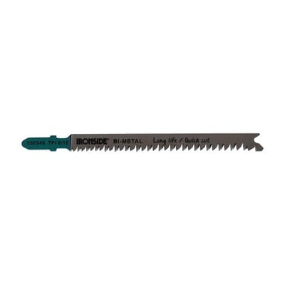 Ironside T234X-stiksavklinge med mørk klinge, turkis fæste og grove tænder, 117 mm lang.