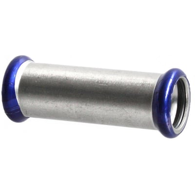 Unico rustfri skydemuffe til 42mm pressfittings med blå O-ring, ideel til drikkevand og varmeinstallationer.