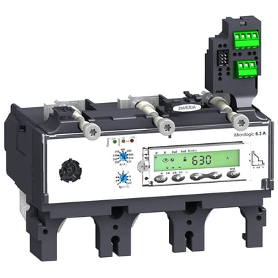 Schneider Electric Micrologic relæ 6,3A, 3-polet, 600A med digital skærm og knapper, klar til montering.