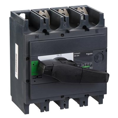 Schneider Electric Compact INS320 lastadskiller, 3-polet, med sort håndtag i 'ON' position, grå plastikhus.