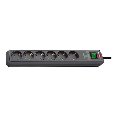 Sort PremiumLine-stikdåse fra Brennenstuhl med seks runde udtag, afbryder og kabel, set skråt oppefra.