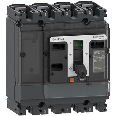Schneider Electric ComPacT NSX200NA DC PV 4-polet lastadskiller, 200A, 1000VDC, vist frontalt med tydelig afbryderhåndtag og mærkat med tekniske specifikationer.