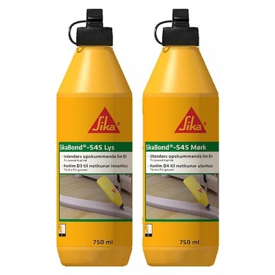 To flasker SikaBond-545 lim i gul med sorte kapsler og sorte låg, den ene lys og den anden mørk. Flaskerne indeholder 750 ml.