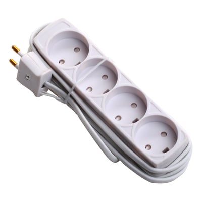 Nærbillede af Socket 4-stikdåse uden jord, viser dens hvide design og 2,5 meter ledning bundet op med et hvidt bånd.